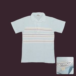 Vintage 70s Idletime Textured Knit Striped Polo Shirt Baby Blue Mens S